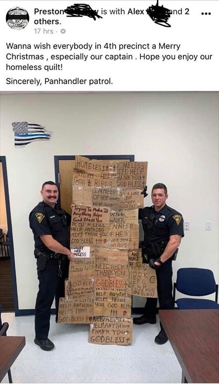 Mobile Cops Present Homeless Sign Quilt